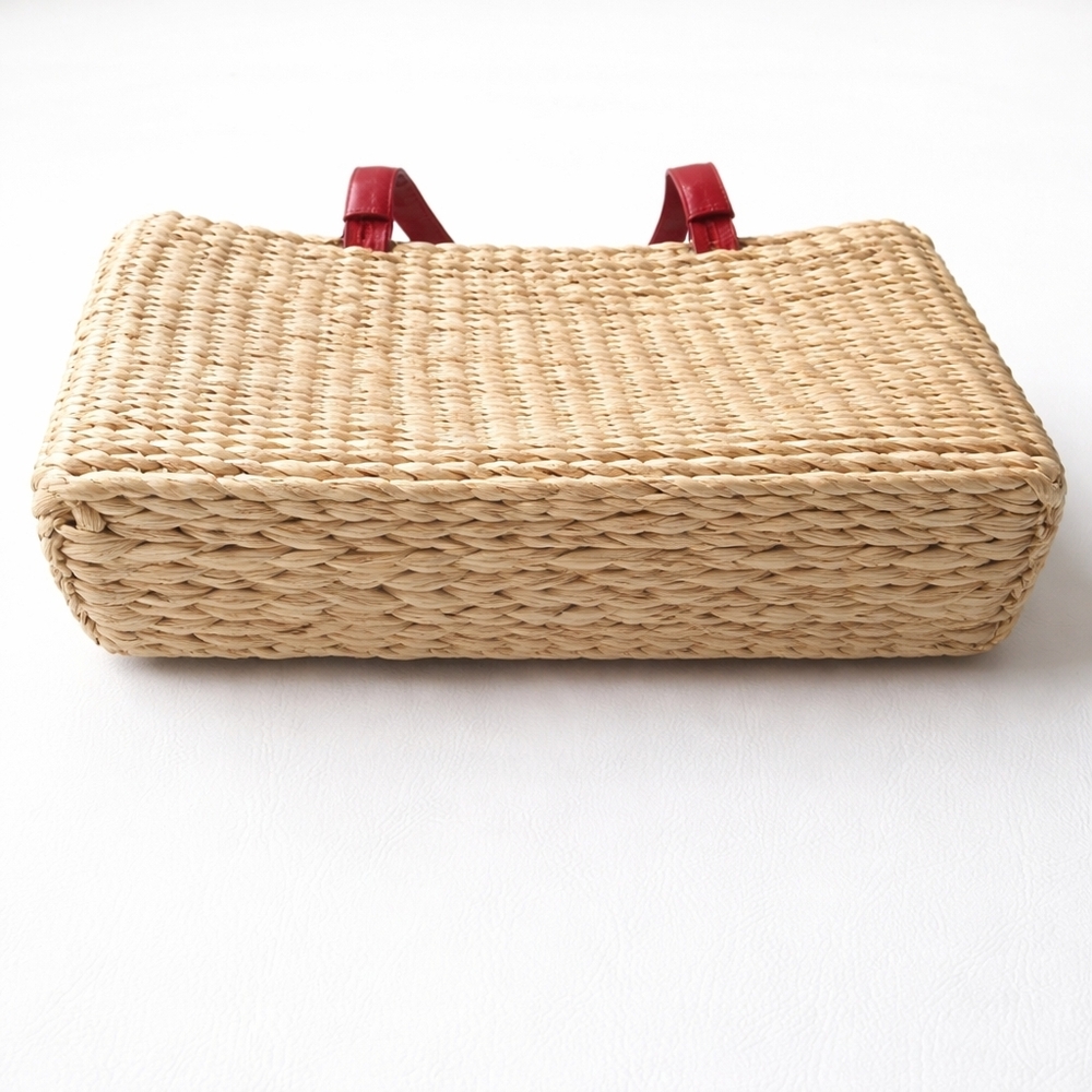 American Flag Straw Tote Bag Woven Patriotic Red White Blue Summer Beach Market - Picture 7 of 9
